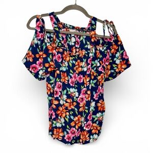 Bailey & Chloe Navy Colorful Floral Cold Shoulder Top Large